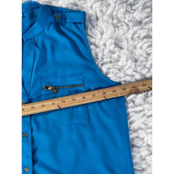 Calvin Klein Blouse Womens Lg Turquiose Blue Pockets Button Sleeveless Stretch - Picture 3 of 8